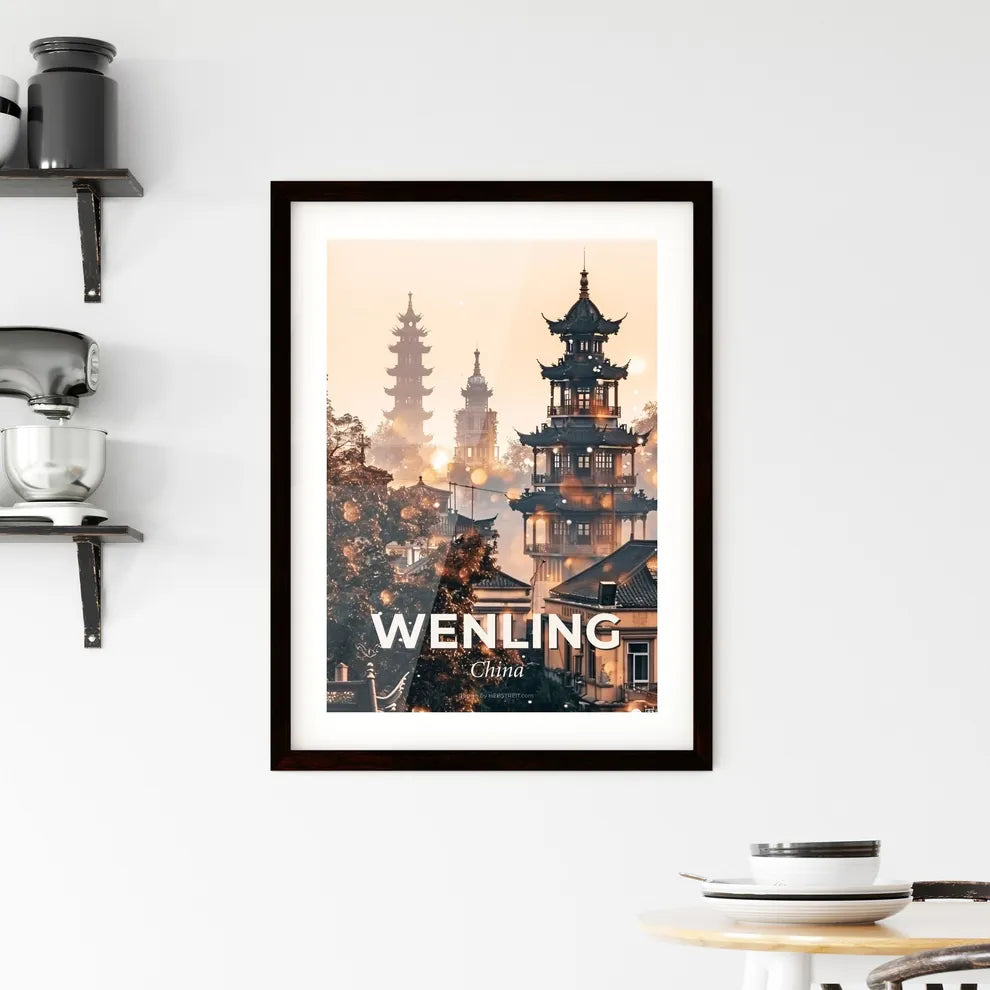 Wenling Skyline Local Icons Bright Beige Poster - A group of buildings with tall towers Custom Print