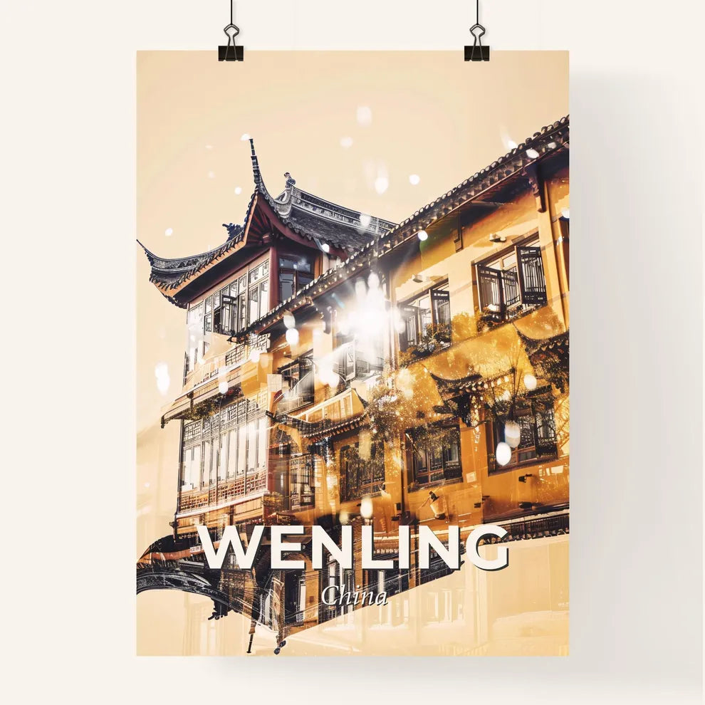 Wenling: Day and Night Cityscape Art - A building with a roof and windows Poster