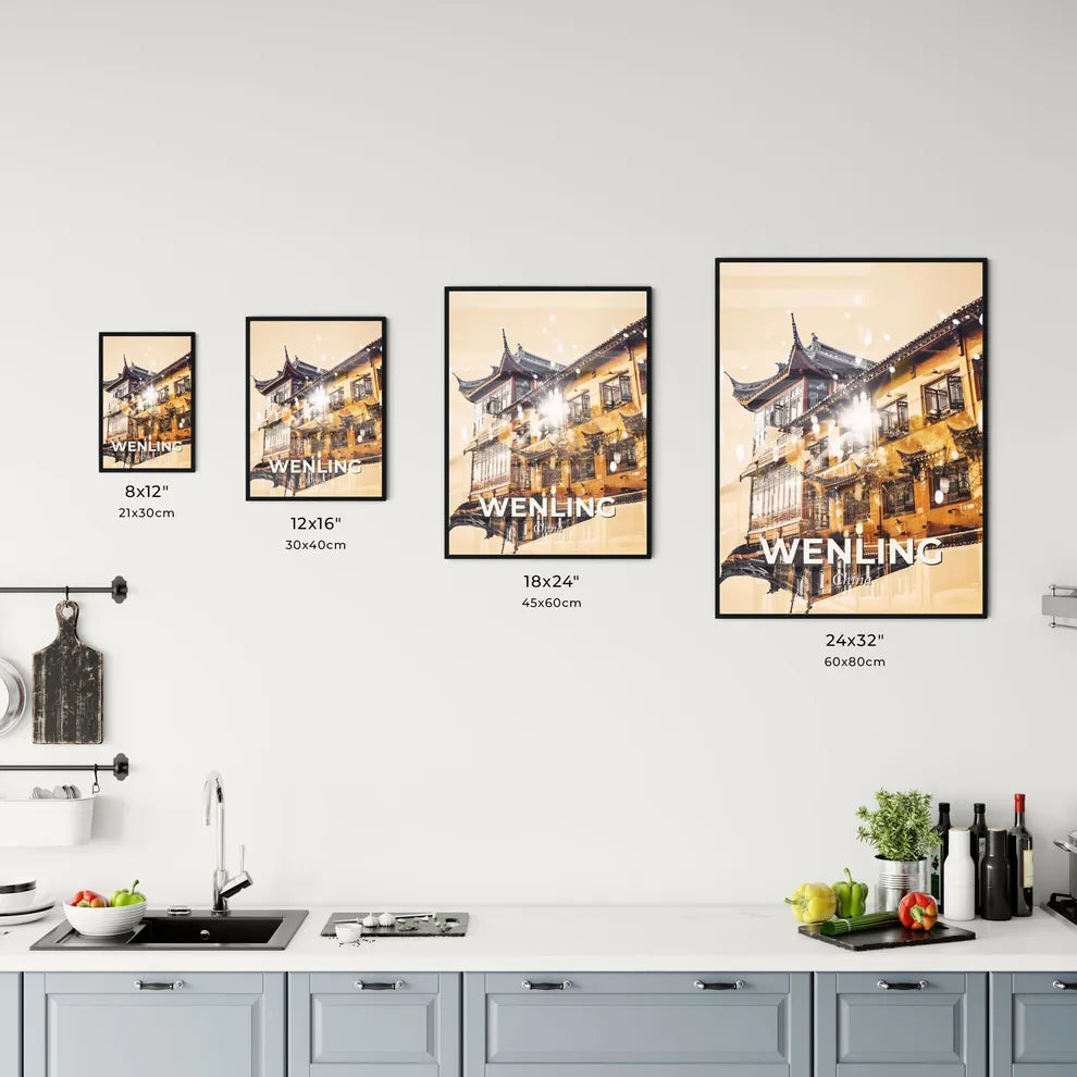 Wenling: Day and Night Cityscape Art - A building with a roof and windows Size Chart