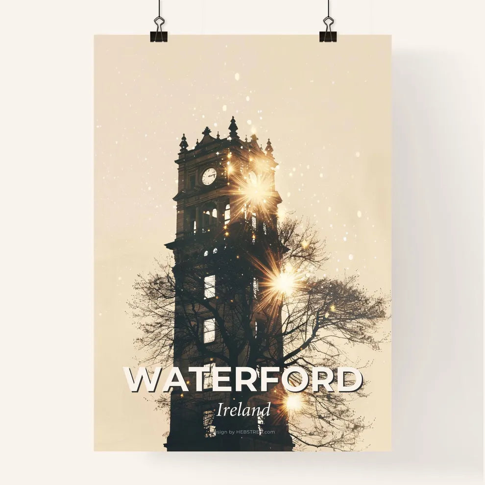 Waterford City Skyline Double Exposure Art Print - A clock tower with a tree and stars Poster