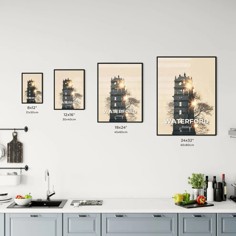 Waterford City Skyline Double Exposure Art Print - A clock tower with a tree and stars Size Chart