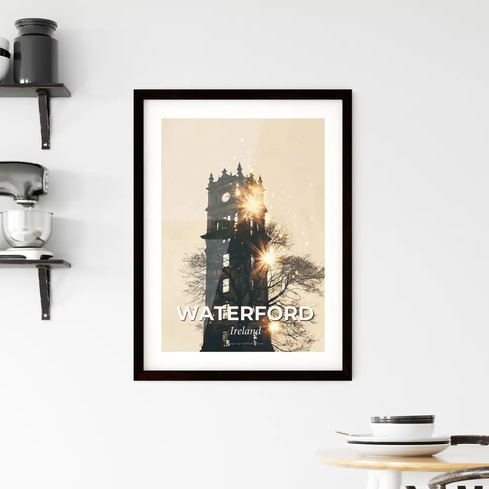 Waterford City Skyline Double Exposure Art Print - A clock tower with a tree and stars Custom Print