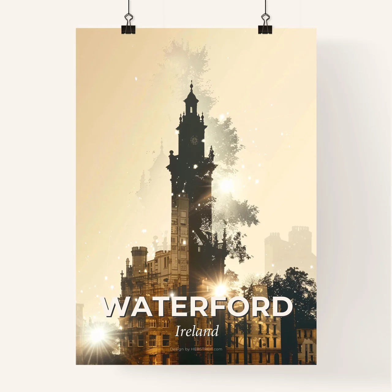 Waterford City Skyline Silhouette Art Print - A building with a clock tower Poster