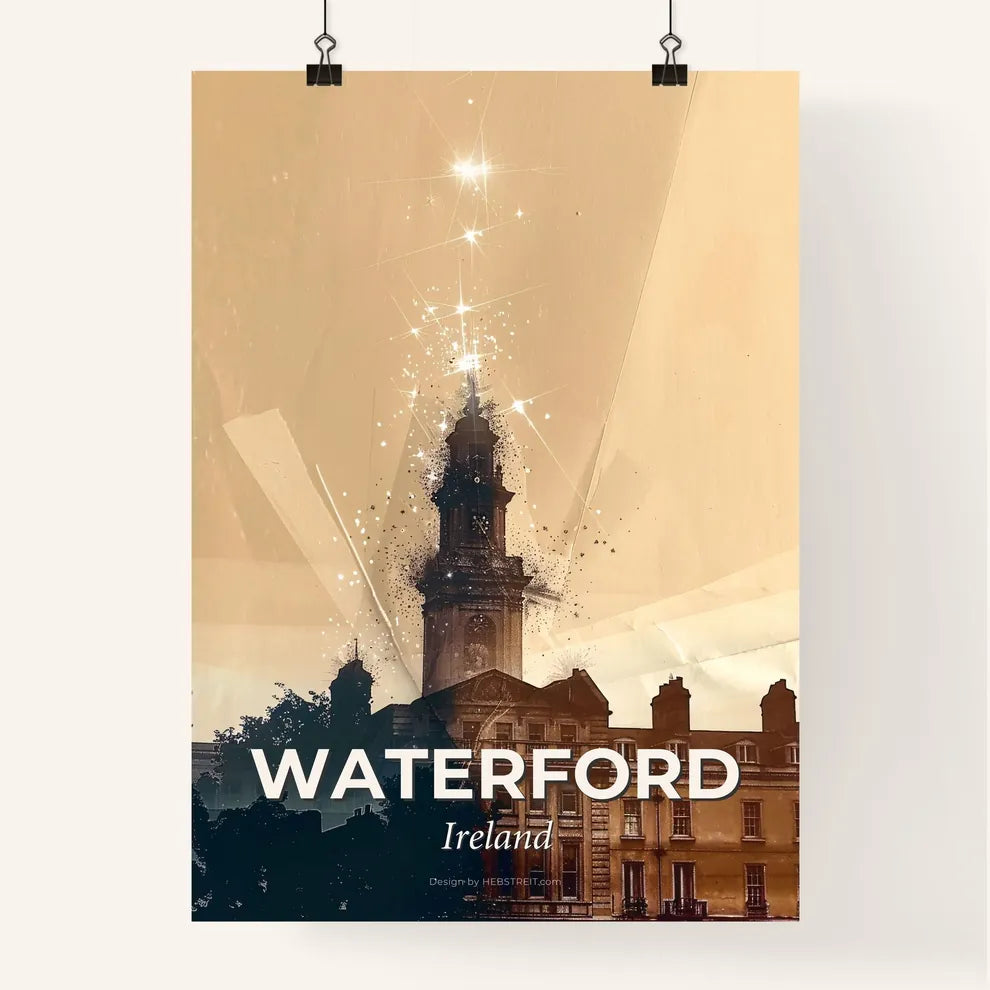 Waterford Ireland Skyline Composite Art Cityscape - A building with a tower and stars Poster