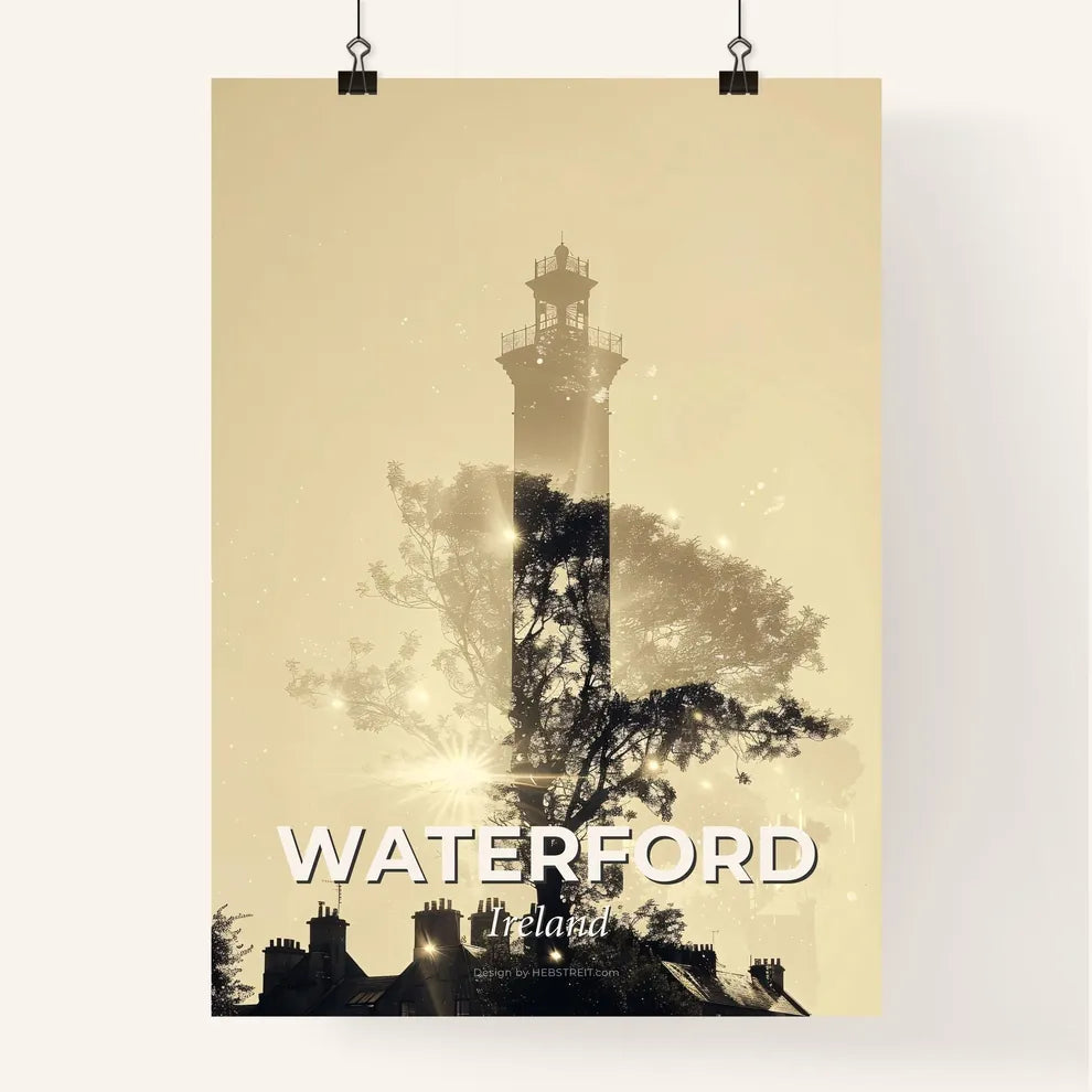 Waterford City Double Exposure Poster Silhouette - A tall tower with a tree and a light in the distance Poster