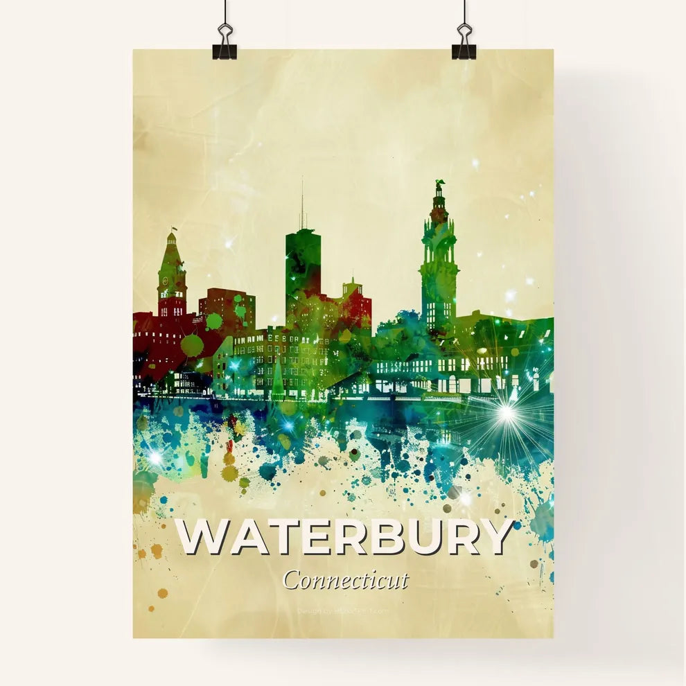 Waterbury Connecticut Skyline Poster Delights - A colorful city skyline with many buildings and a reflection of lights Poster