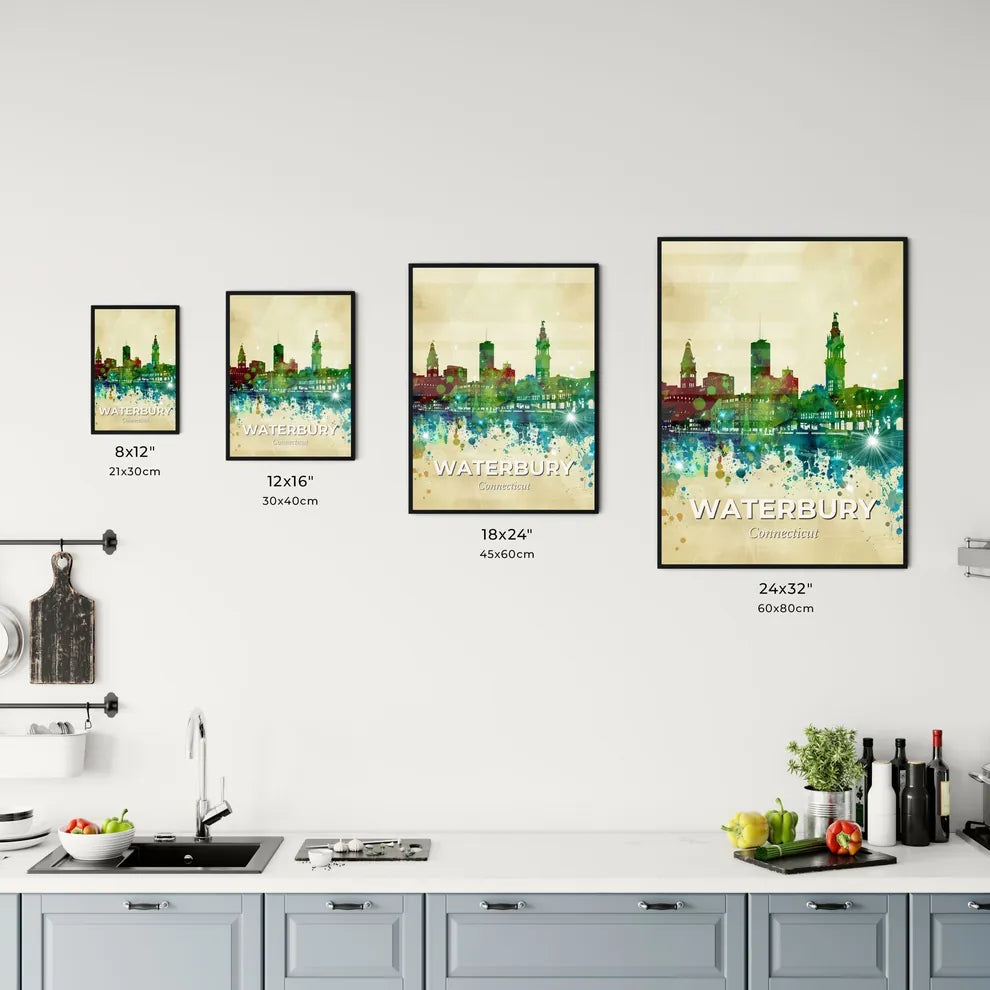 Waterbury Connecticut Skyline Poster Delights - A colorful city skyline with many buildings and a reflection of lights Size Chart