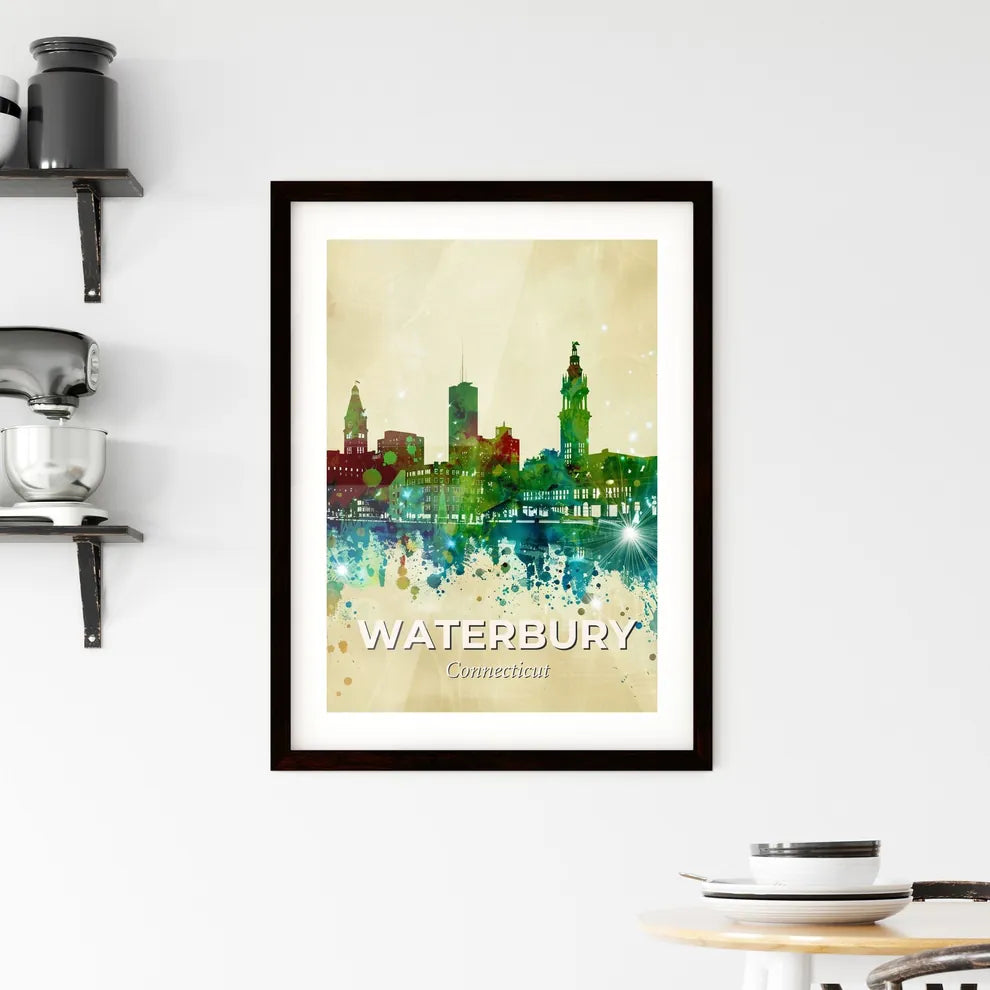Waterbury Connecticut Skyline Poster Delights - A colorful city skyline with many buildings and a reflection of lights Custom Print