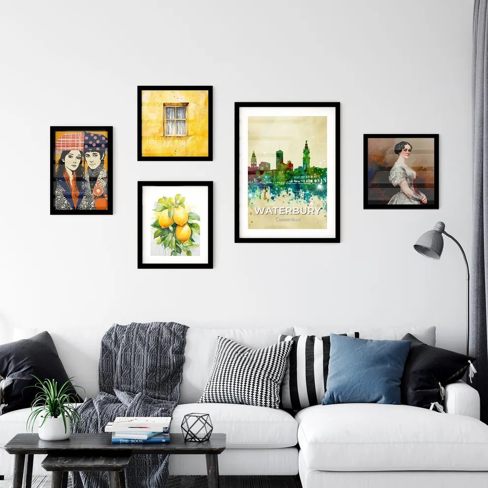 Waterbury Connecticut Skyline Poster Delights - A colorful city skyline with many buildings and a reflection of lights Interior Design