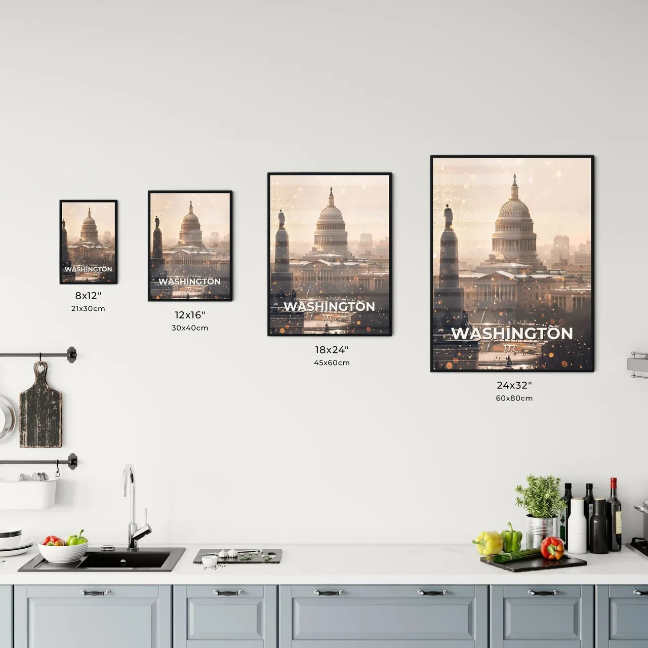 Washington: Day and Night City Skyline Poster Art - A large building with a dome and a statue in the background Size Chart