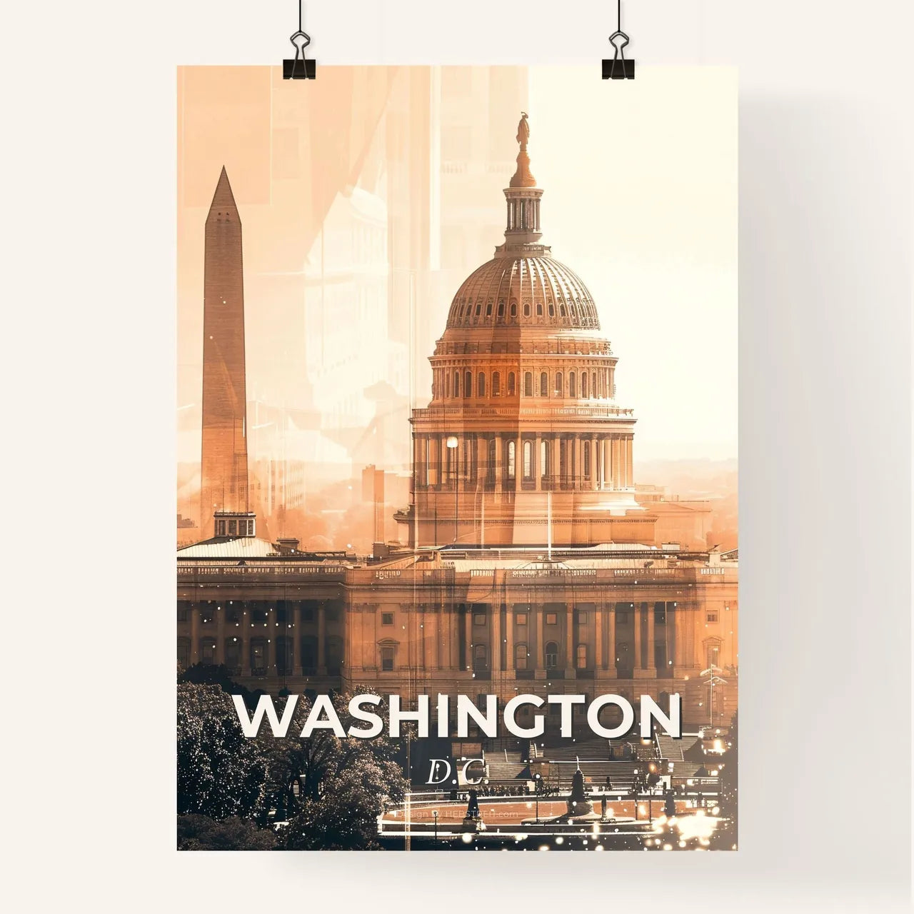 Washington Skyline Double Exposure Composite Art - A large building with a dome and a tower Poster