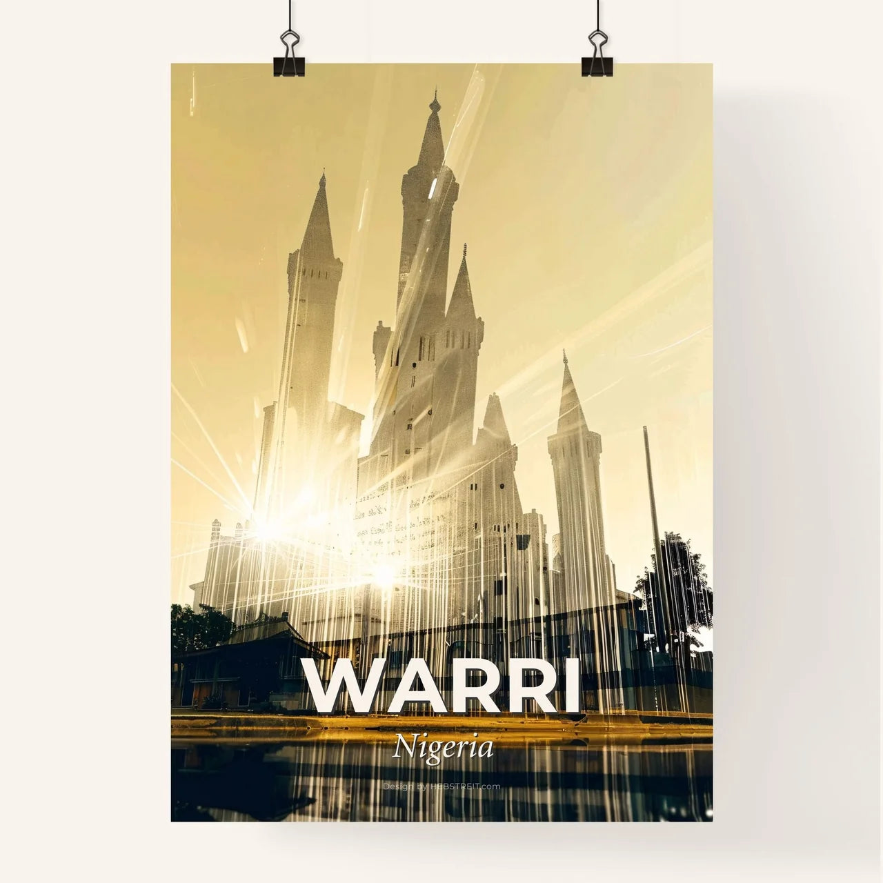 Warri: Neon Skyline Mosaic Marvel - A building with towers and a light beam Poster