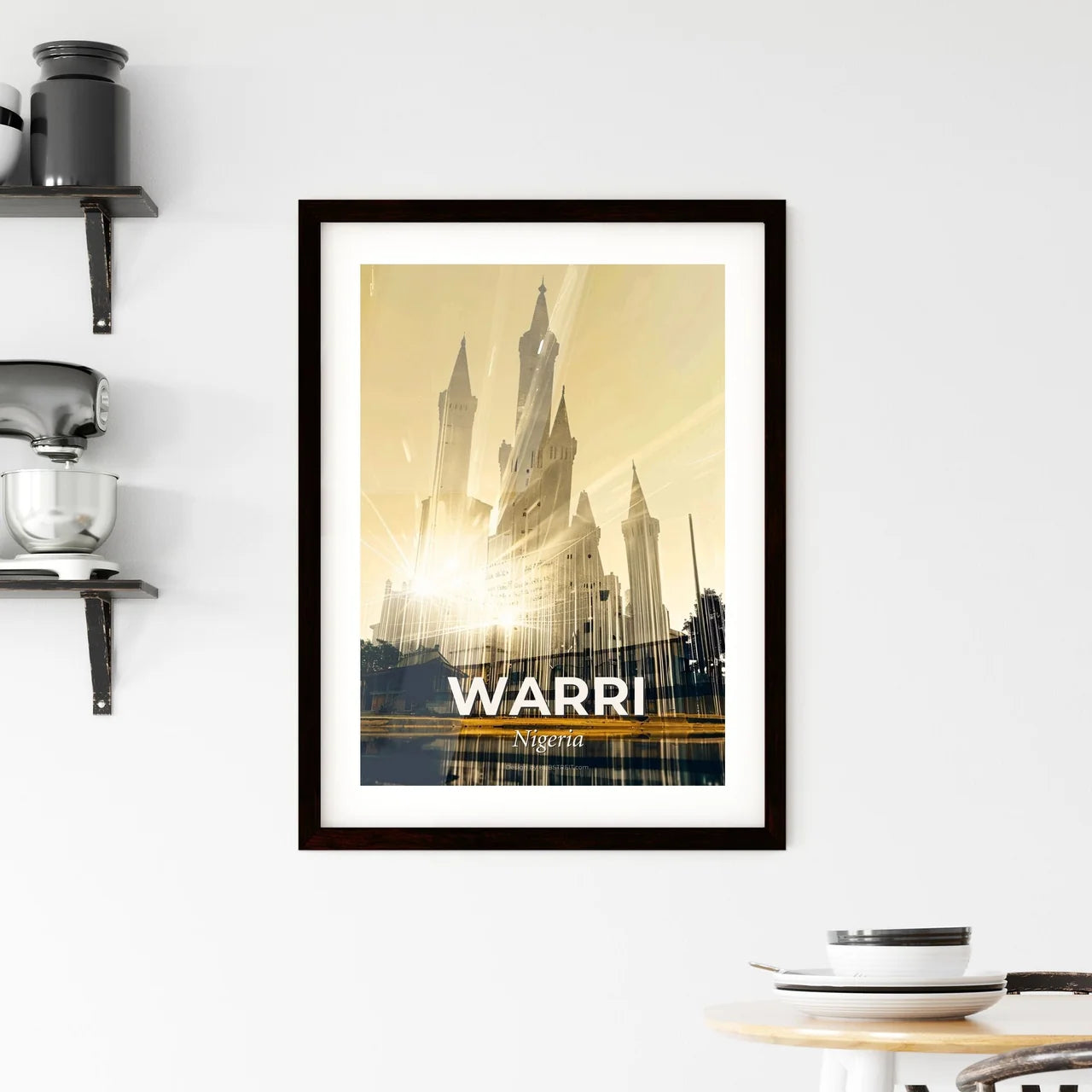 Warri: Neon Skyline Mosaic Marvel - A building with towers and a light beam Custom Print