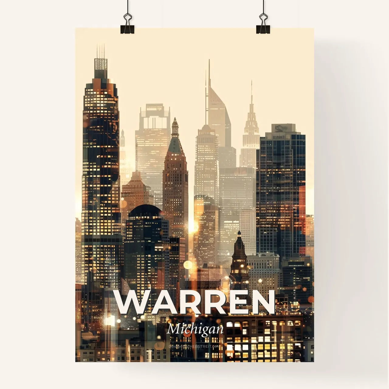 Warren Skyline Iconography in Beige Lights - A city skyline with many tall buildings Poster