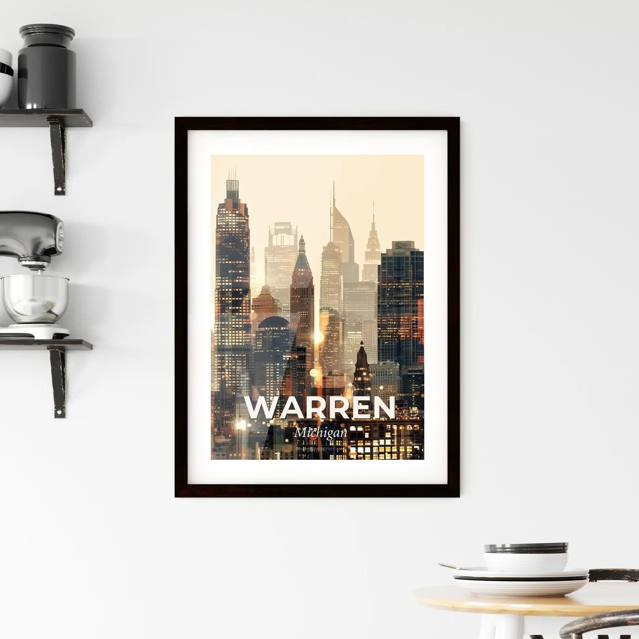 Warren Skyline Iconography in Beige Lights - A city skyline with many tall buildings Custom Print
