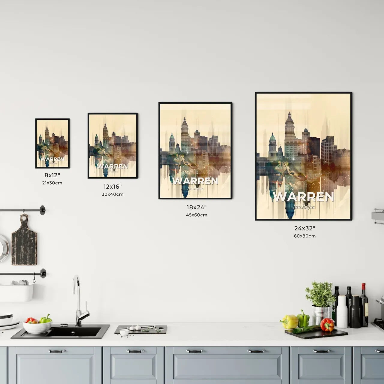 Warren, Michigan City Skyline Composite Art Poster - A city skyline with many tall buildings Size Chart