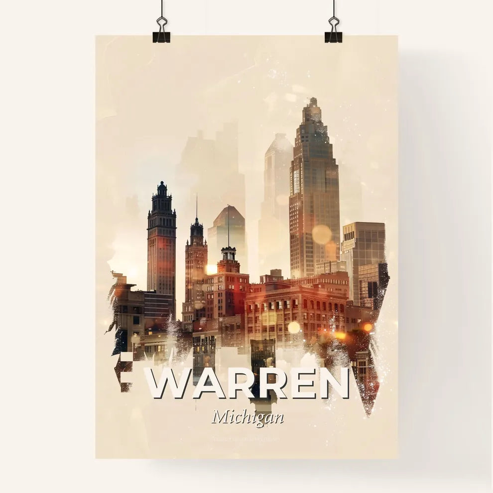 Warren Skyline Double Exposure Art - A city skyline with many tall buildings Poster