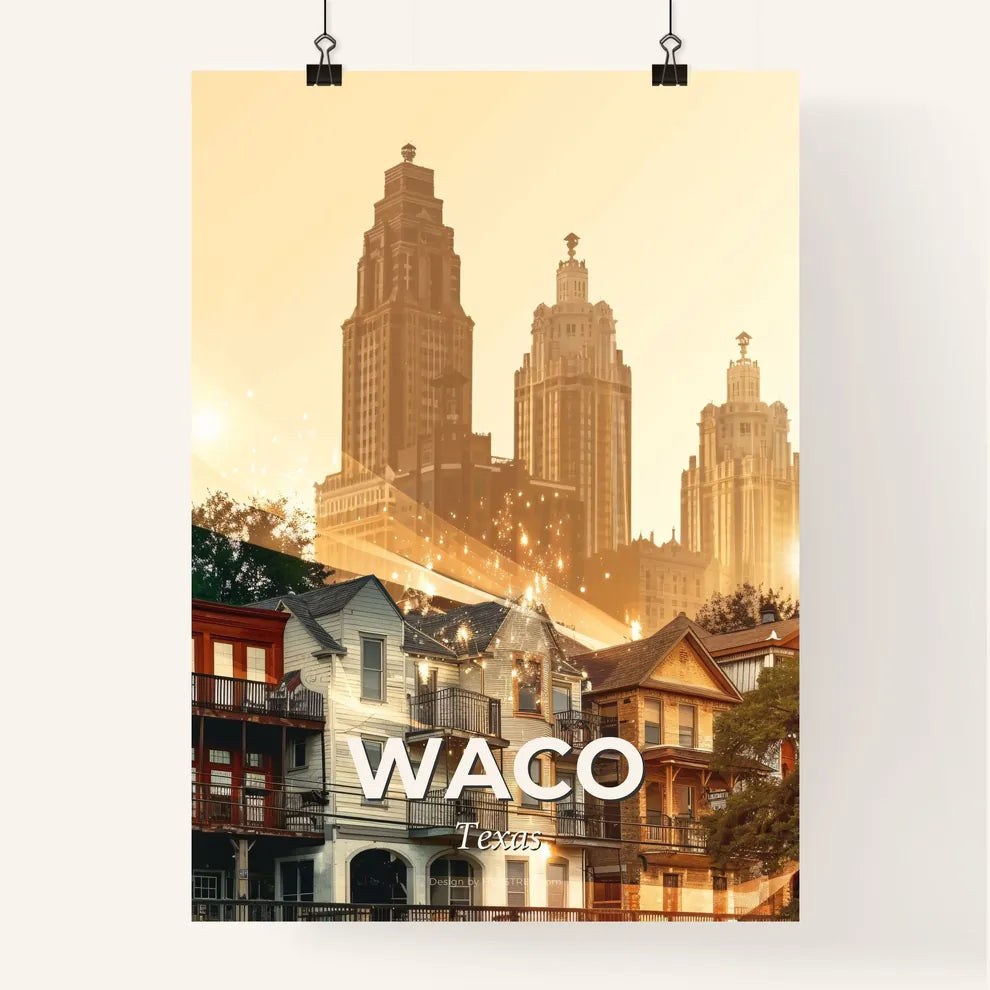 Waco Texas City Skyline Double Exposure Poster Art - A row of houses with trees and buildings in the background Poster