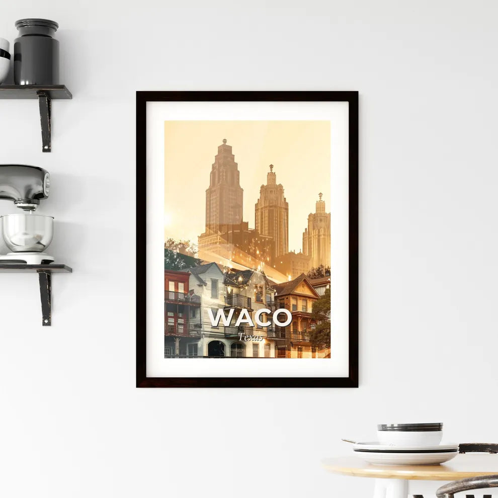 Waco Texas City Skyline Double Exposure Poster Art - A row of houses with trees and buildings in the background Custom Print