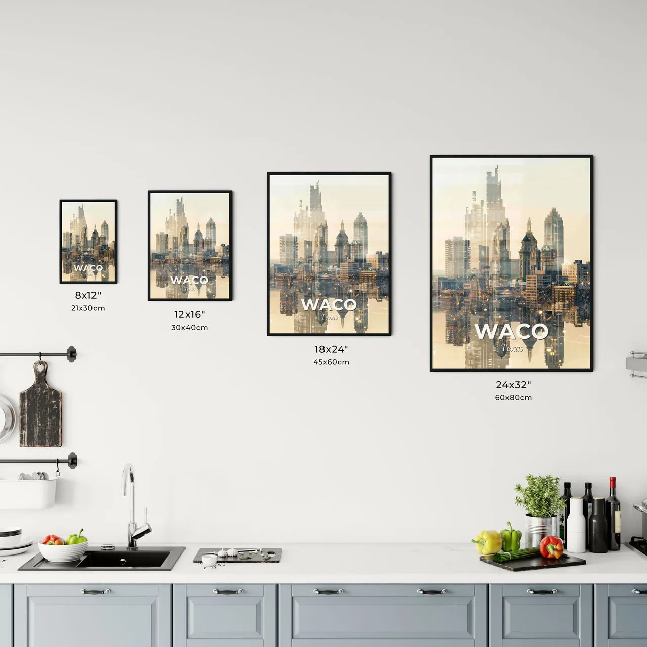 Waco Texas Skyline Iconography Poster Panorama - A city skyline with water reflection Size Chart