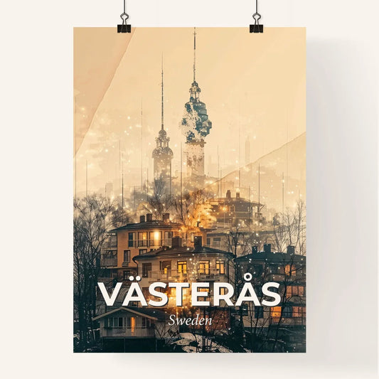 Vasteras Skyline Architecture Bright Beige Poster - A group of buildings with trees and a tower in the background Poster
