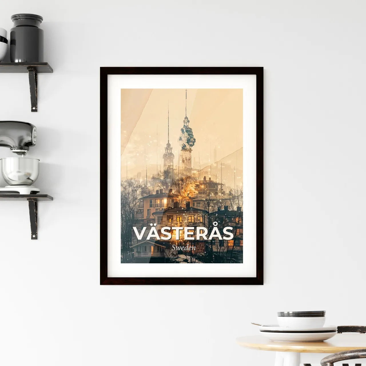 Vasteras Skyline Architecture Bright Beige Poster - A group of buildings with trees and a tower in the background Custom Print
