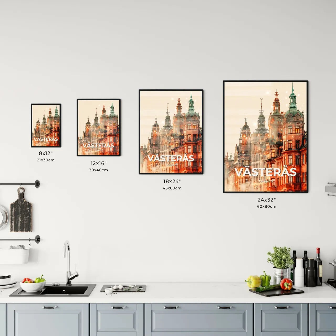 Vasteras Skyline Composite Art Glows and Sparks - A building with many windows Size Chart