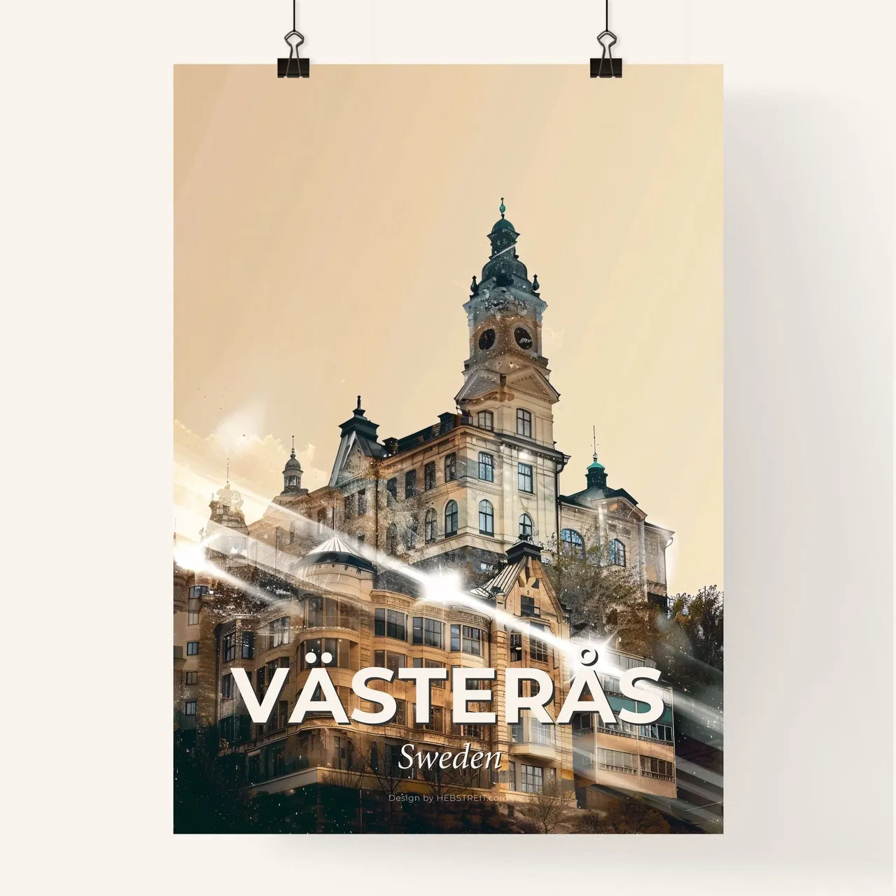 Västerås Skyline Art: Double Exposure Composite - A building with a clock tower Poster