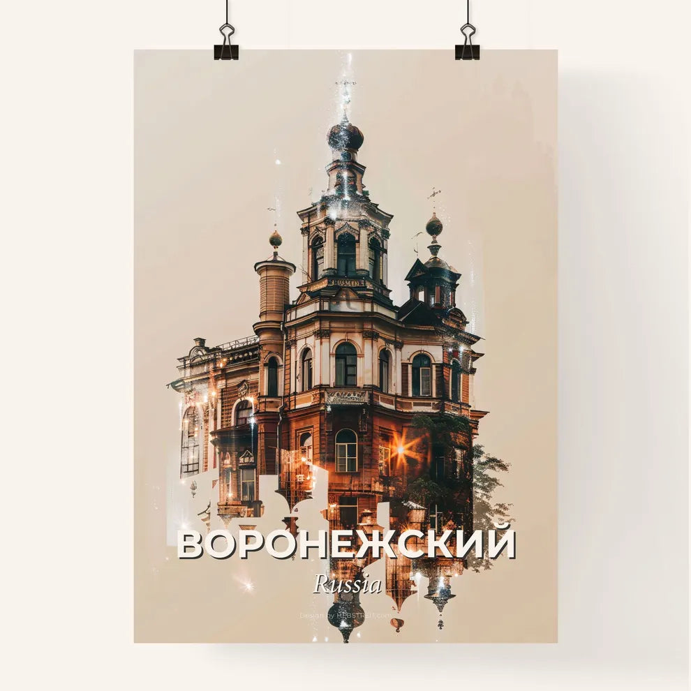 Voronezh City Skyline Double Exposure Artwork - A building with a tower and a tree Poster