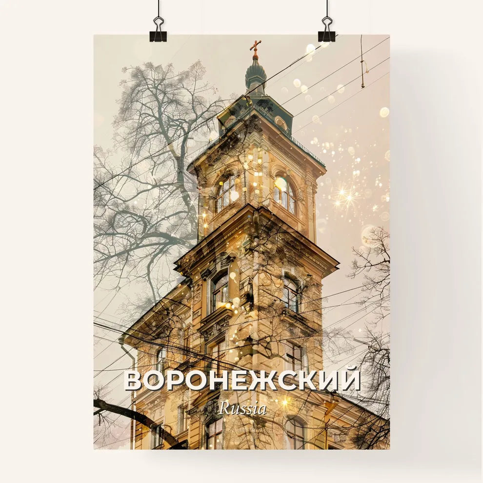 Voronezh: Architecture and City Skyline Poster Art - A building with a tower and power lines Poster