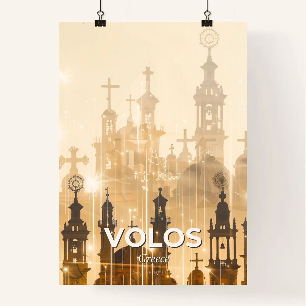 Volos Double Exposure Skyline Cityscape Poster - A silhouette of a building with crosses and lights Poster