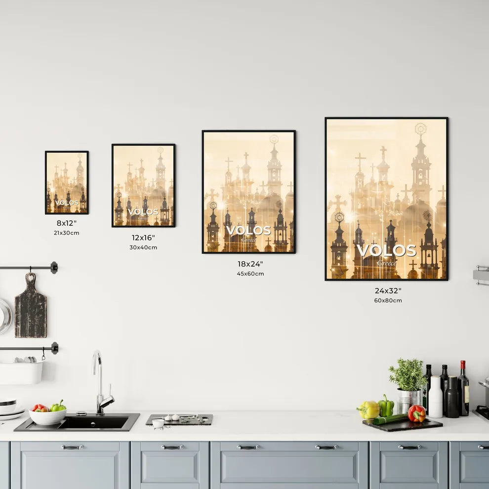 Volos Double Exposure Skyline Cityscape Poster - A silhouette of a building with crosses and lights Size Chart