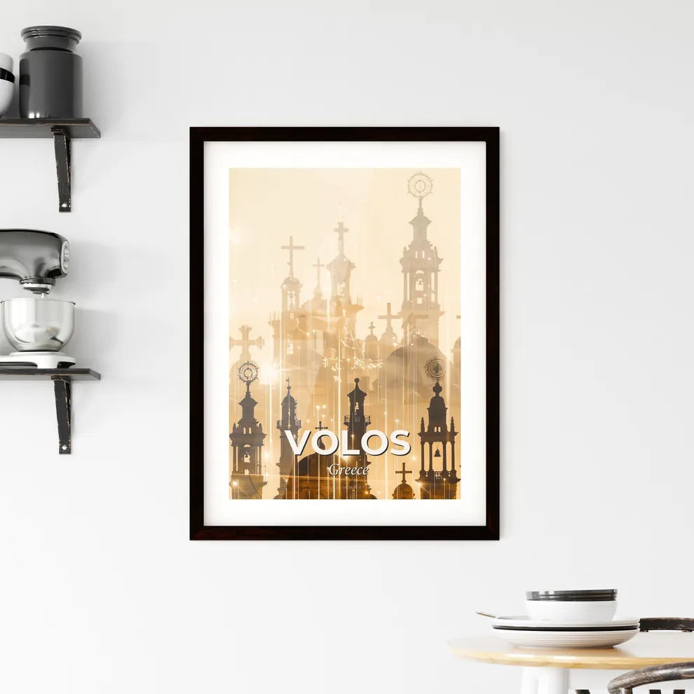 Volos Double Exposure Skyline Cityscape Poster - A silhouette of a building with crosses and lights Custom Print