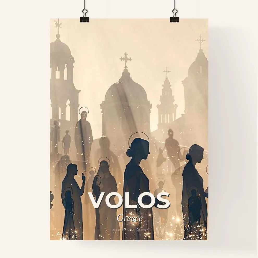 Volos City Skyline Double Exposure Art Canvas Print - A group of people standing in a line Poster