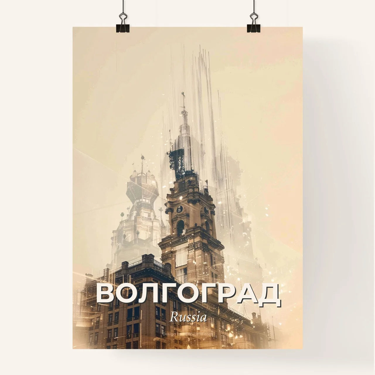 Volgograd City Skyline Composite Art Poster - A tall building with a clock tower Poster