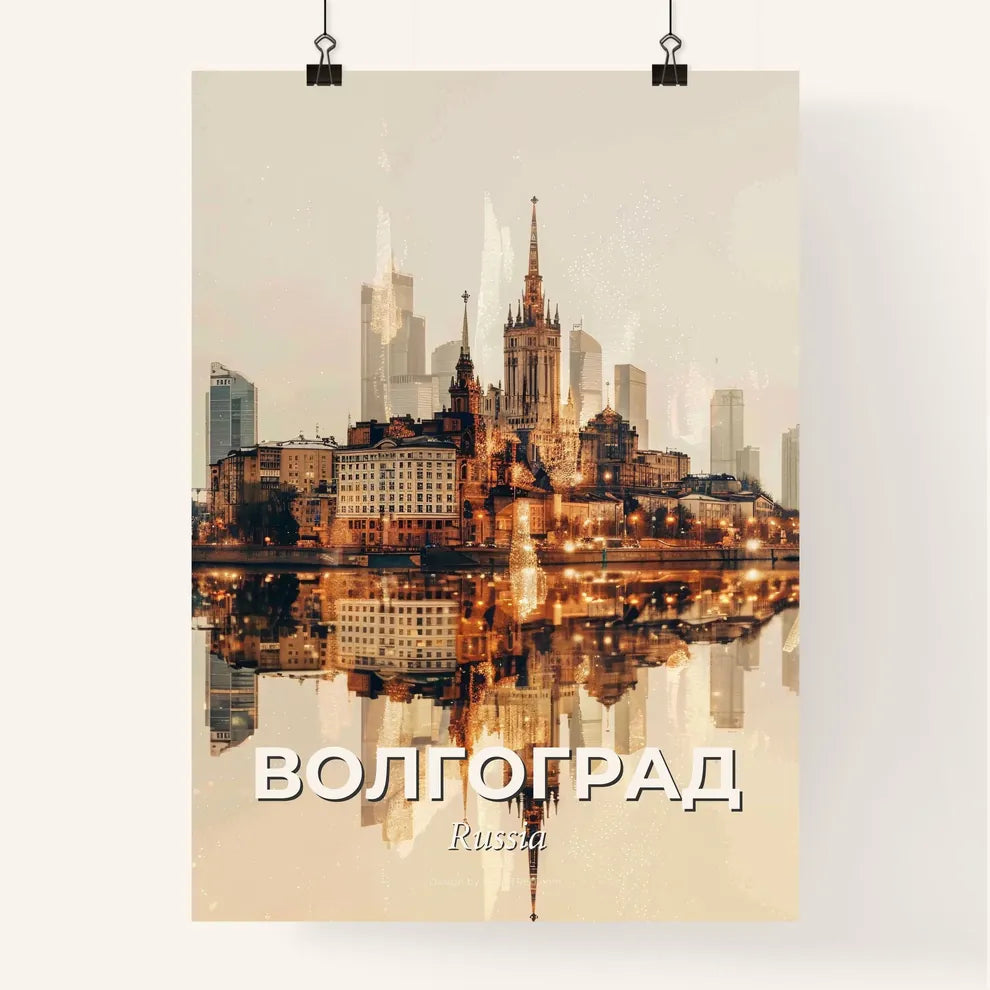 Volgograd: City Skyline Art Bright Beige Background - A city with many buildings and a body of water Poster