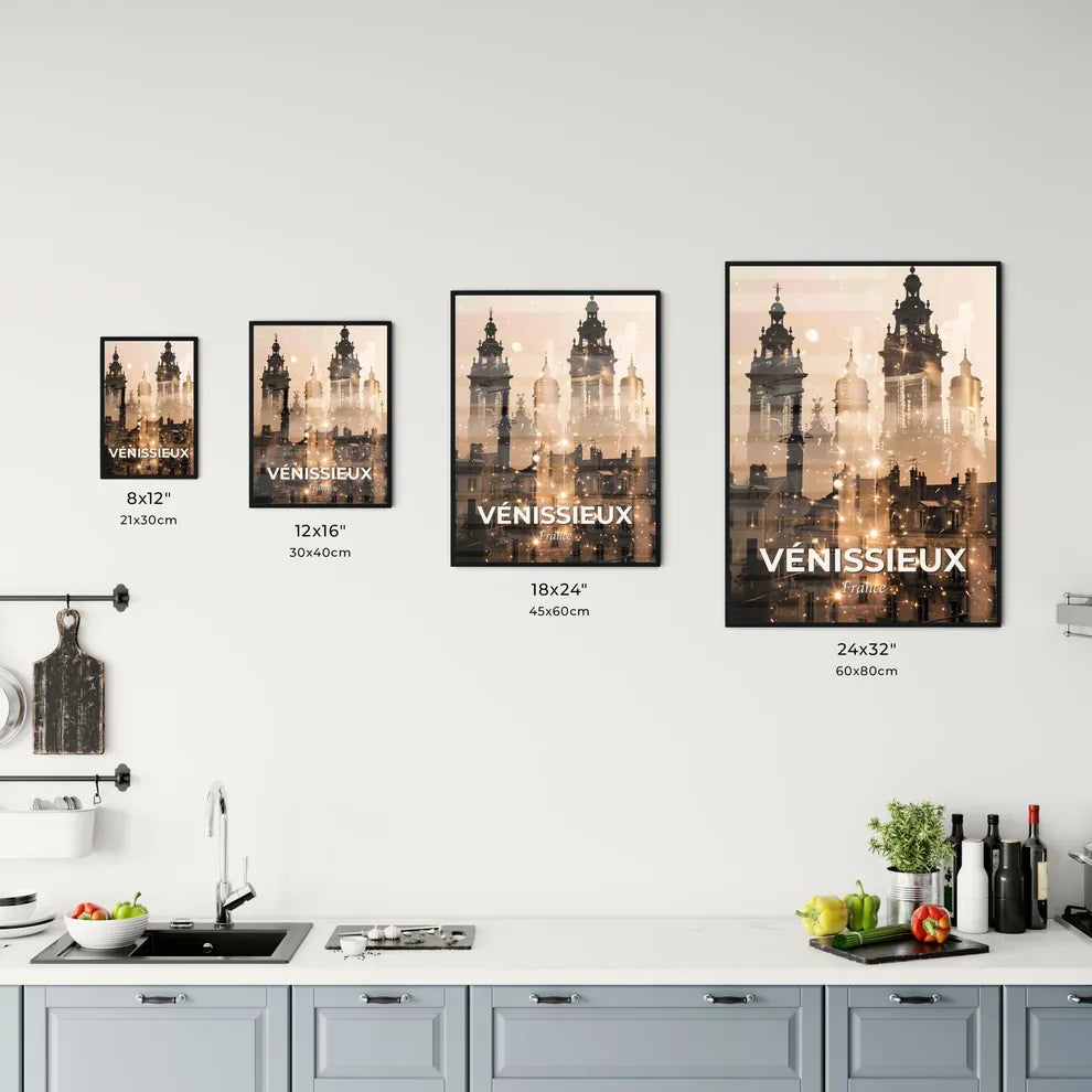 Vénissieux Skyline Art: Double Exposure Silhouette - A city with many buildings Size Chart