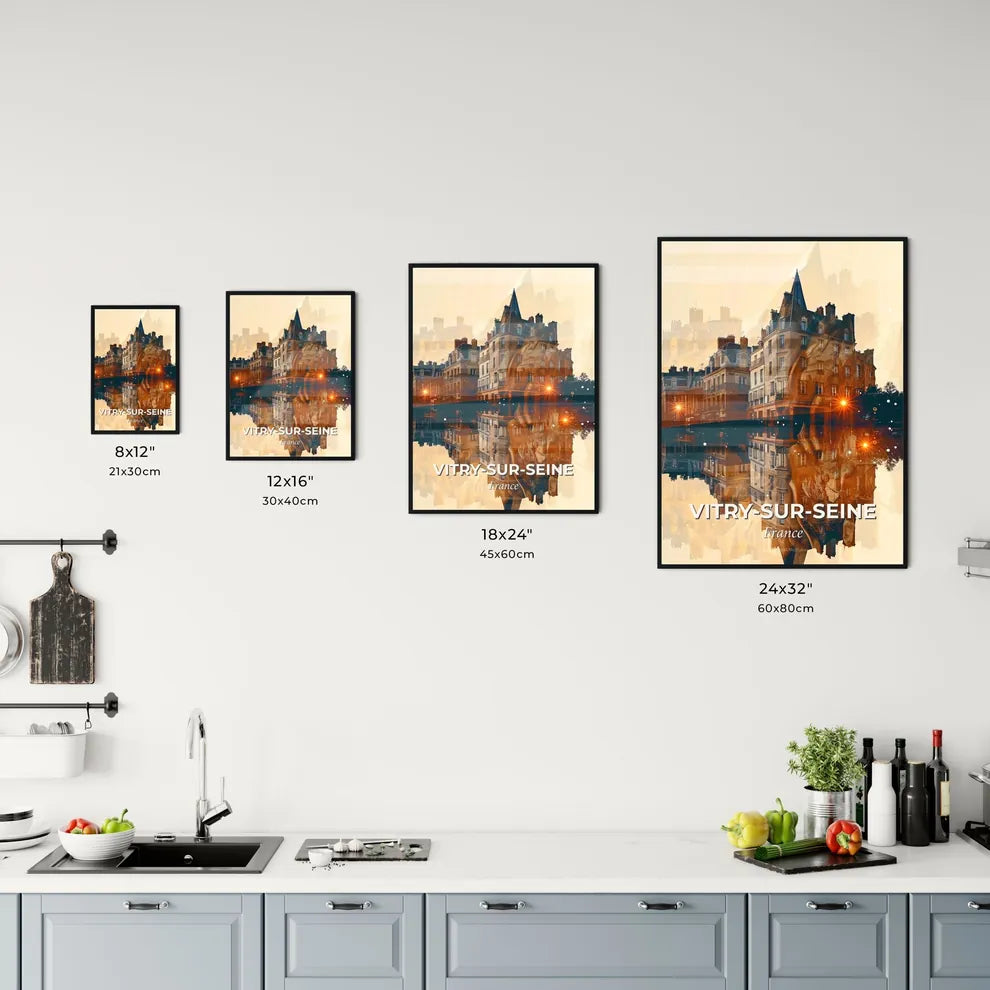 Vitry-sur-Seine Skyline Silhouette Poster Art - A reflection of a building in a body of water Size Chart