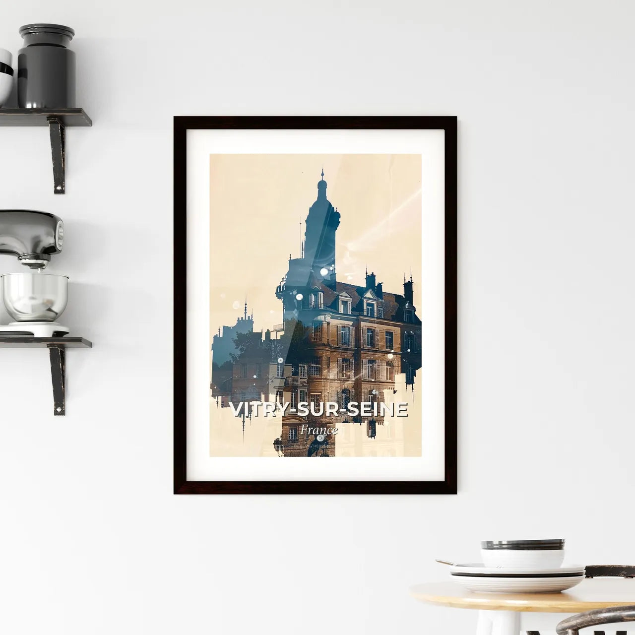 Vitry-sur-Seine: Double Exposure Cityscape Silhouette - A building with a tower Custom Print