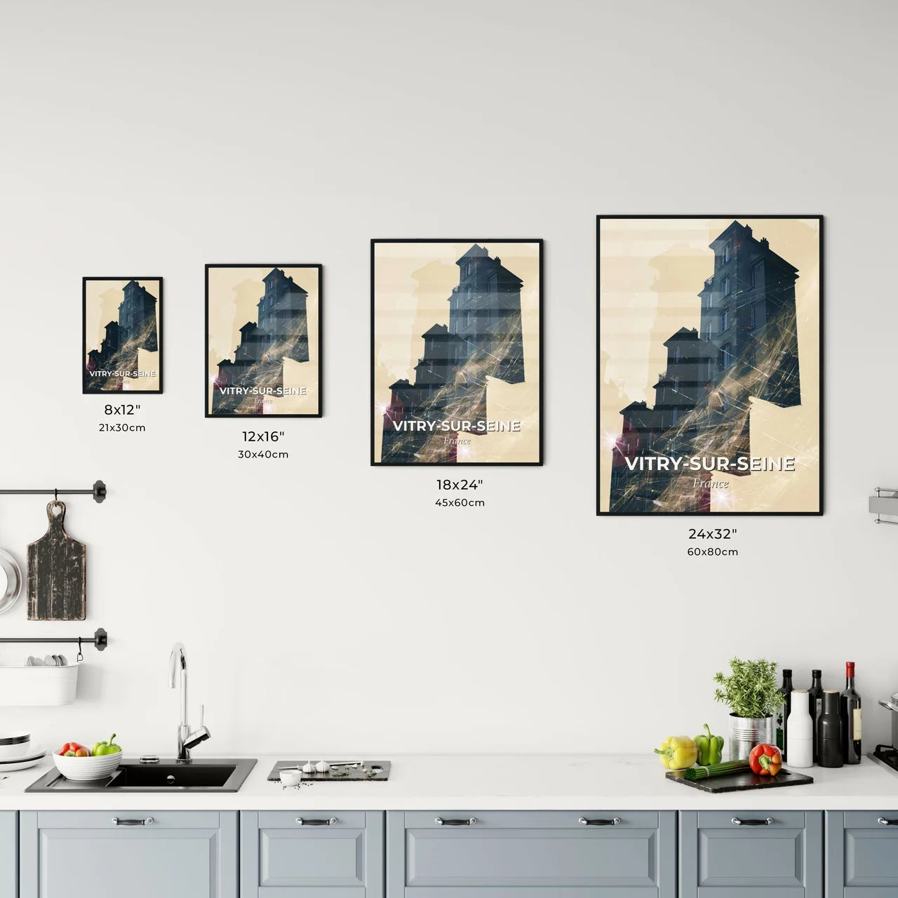 Vitry-sur-Seine Skyline Double Exposure Composite Poster - A building with a light shining on it Size Chart