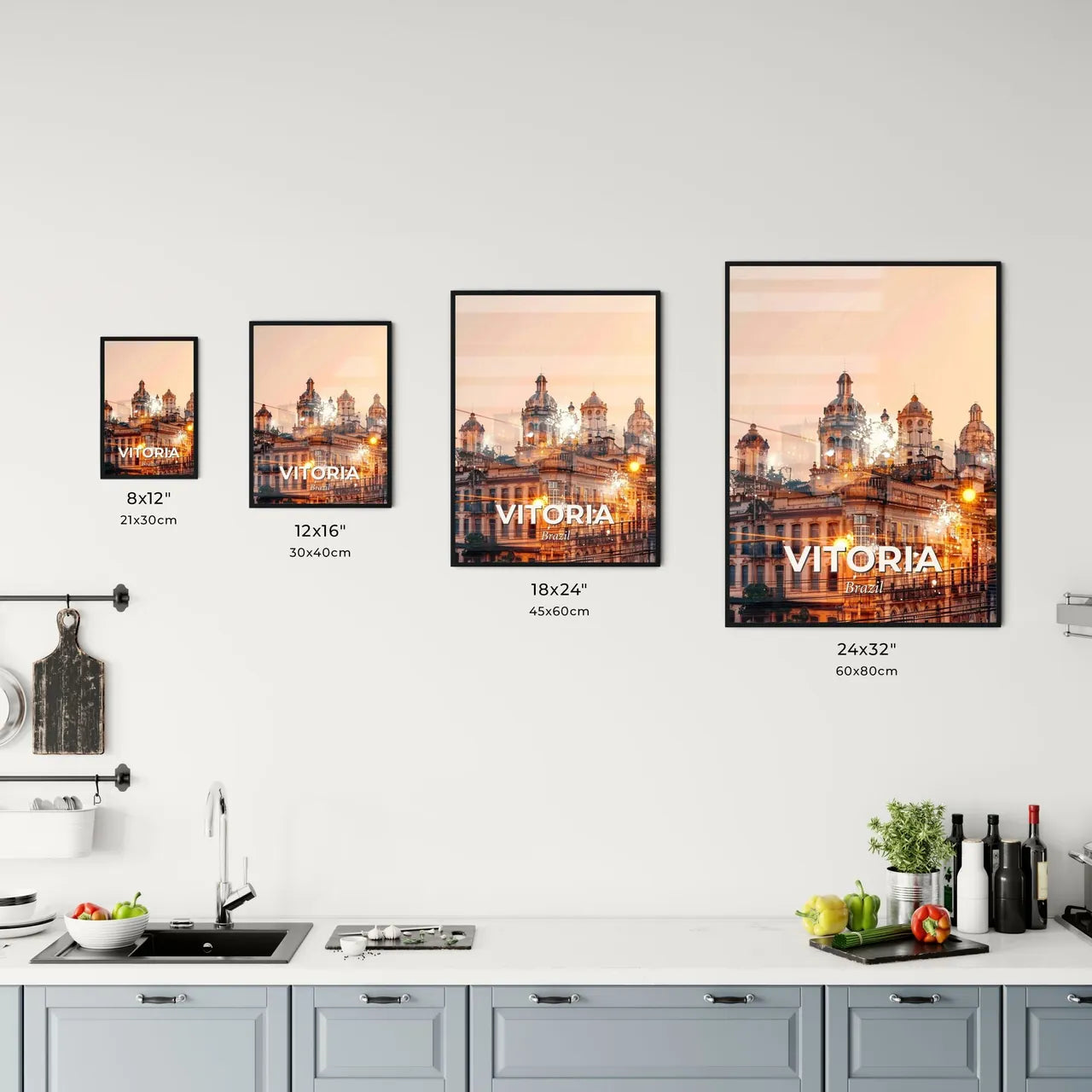 Vitoria Skyline Sunlit Cityscape Art Print - A building with many windows and a street light Size Chart