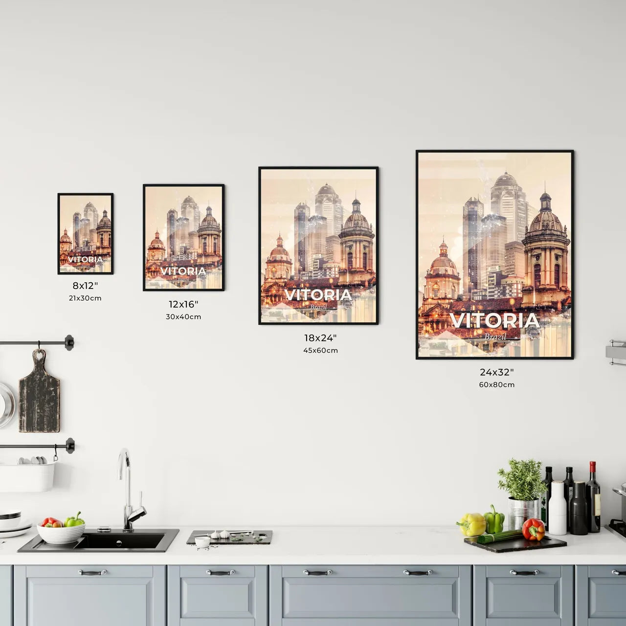 Vitoria Double Exposure Skyline Poster Art - A building with a dome roof and a city skyline Size Chart