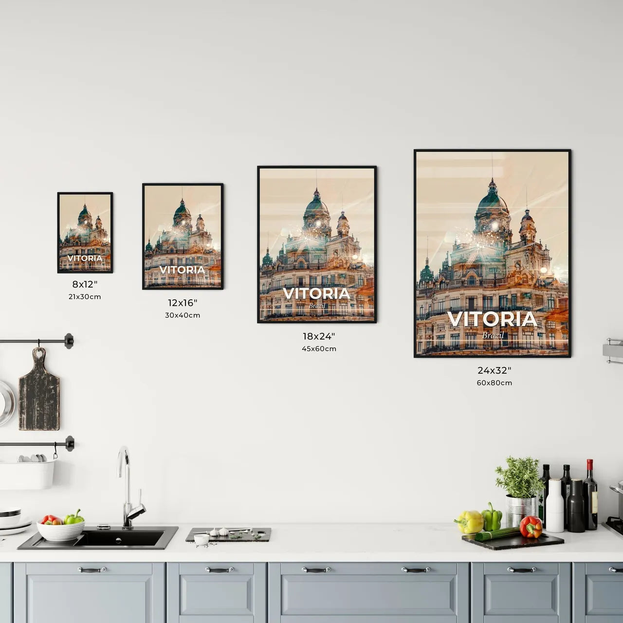 Vitoria Skyline Poster Art: Local Icons Sparkle - A building with a tower and fireworks Size Chart