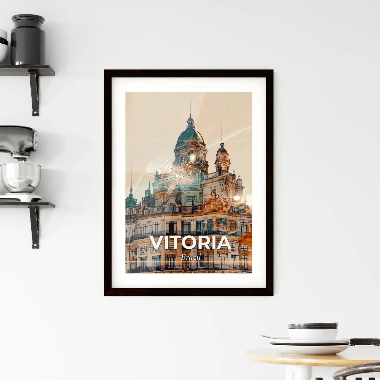 Vitoria Skyline Poster Art: Local Icons Sparkle - A building with a tower and fireworks Custom Print
