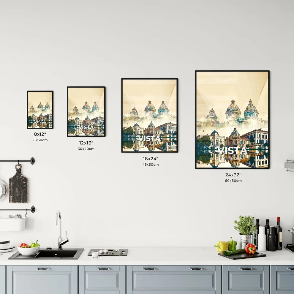 Vista City Skyline Double Exposure Art Poster - A building next to a body of water Size Chart