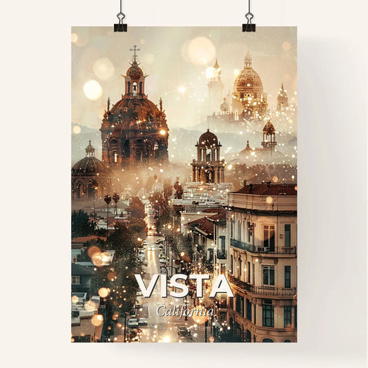 Vista Skyline City Icons Double Exposure Art - A city with buildings and lights Poster