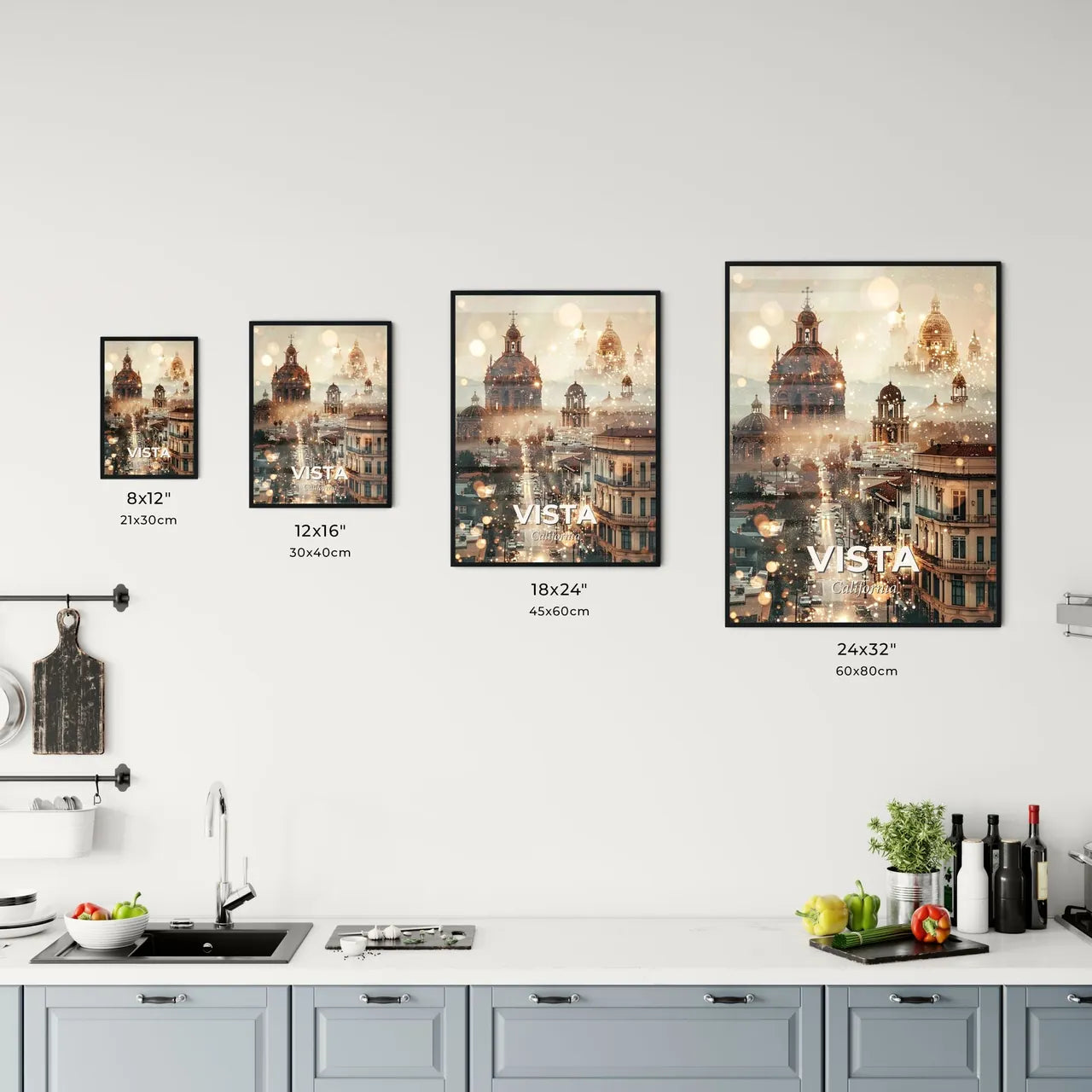 Vista Skyline City Icons Double Exposure Art - A city with buildings and lights Size Chart