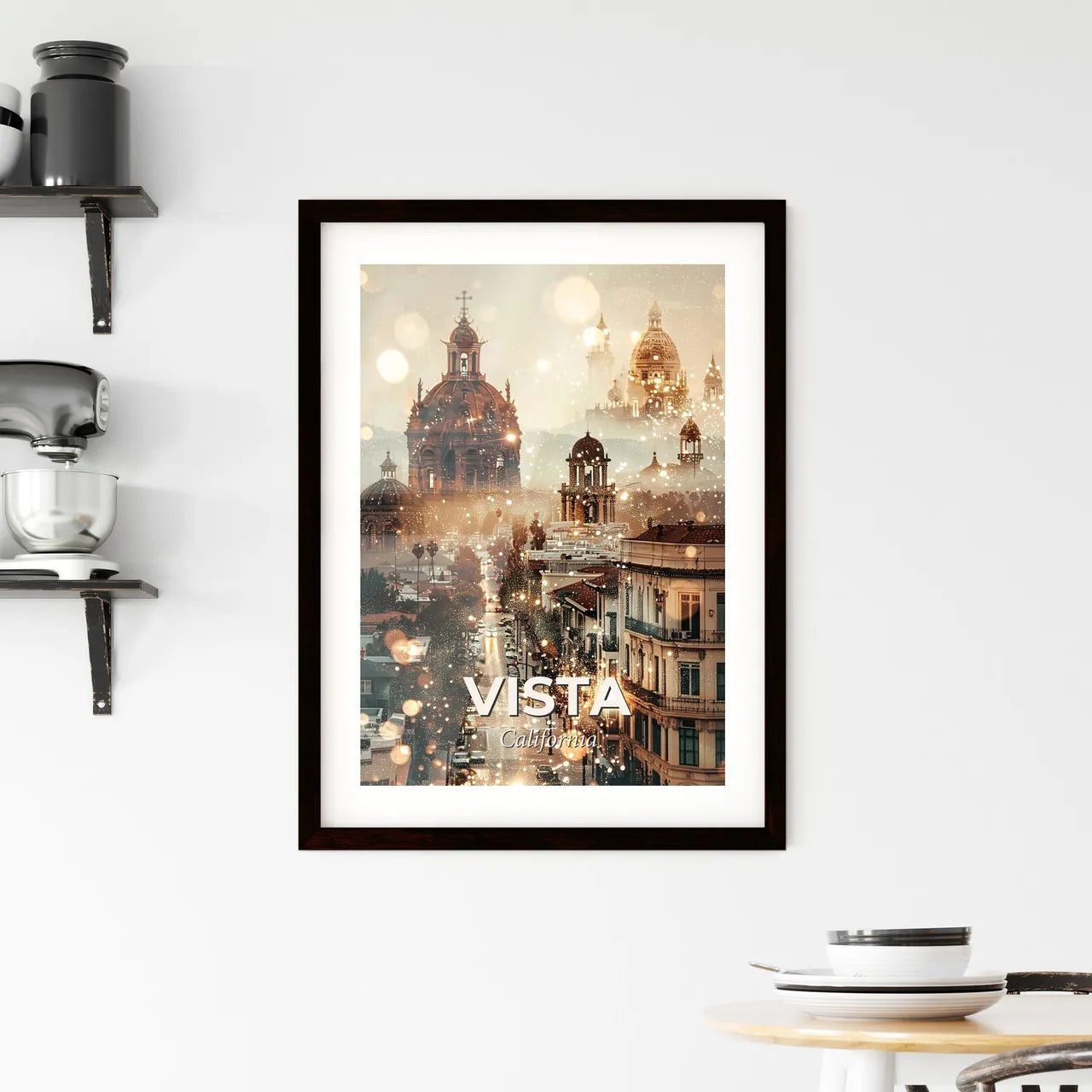 Vista Skyline City Icons Double Exposure Art - A city with buildings and lights Custom Print