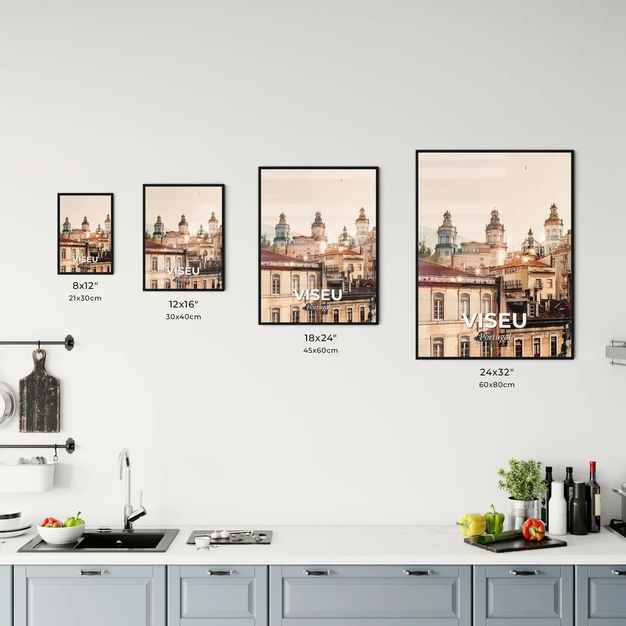 Viseu Skyline Double Exposure Cityscape Art - A group of buildings with towers Size Chart