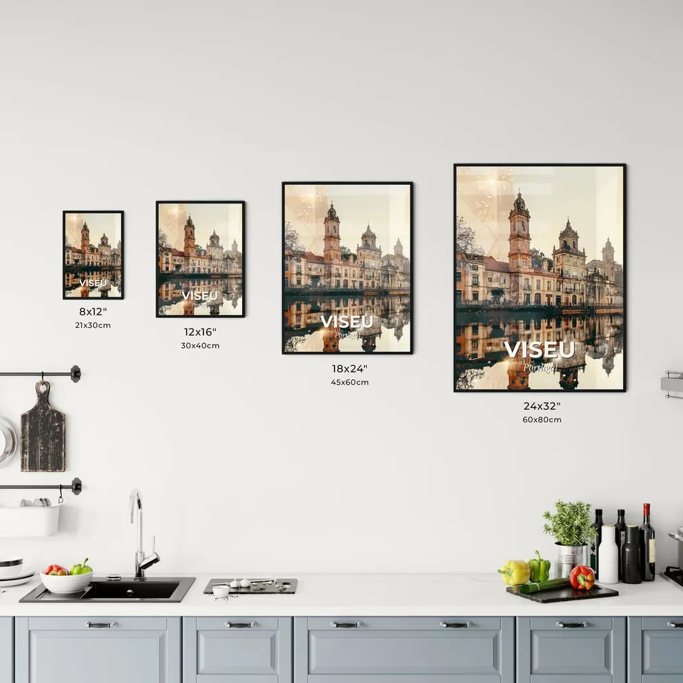 Viseu Skyline Composite Art: Local Icons, Beige Backdrop, Bright Details - A building with towers and a body of water Size Chart